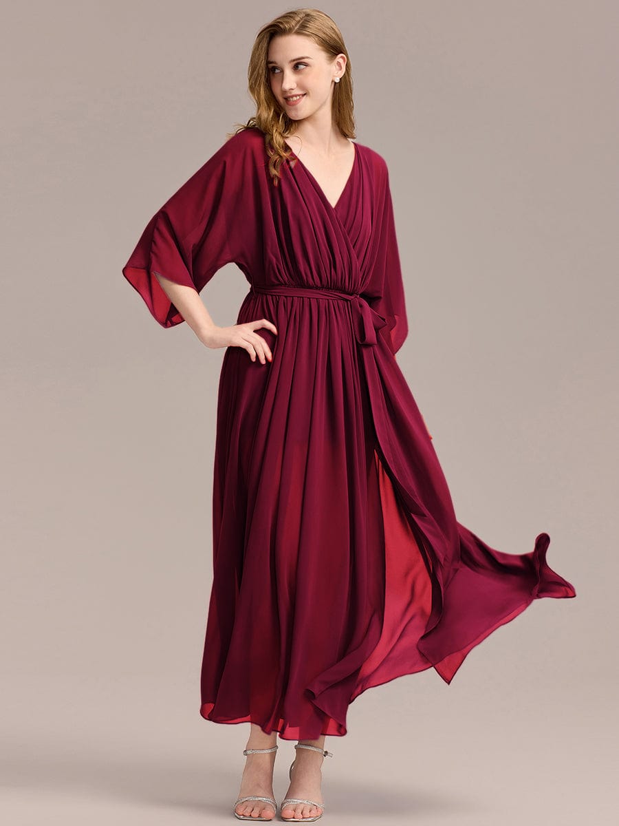 Robe d'invité de mariage trapèze en mousseline fluide à encolure ronde et longueur au genou #Couleur_Bordeaux