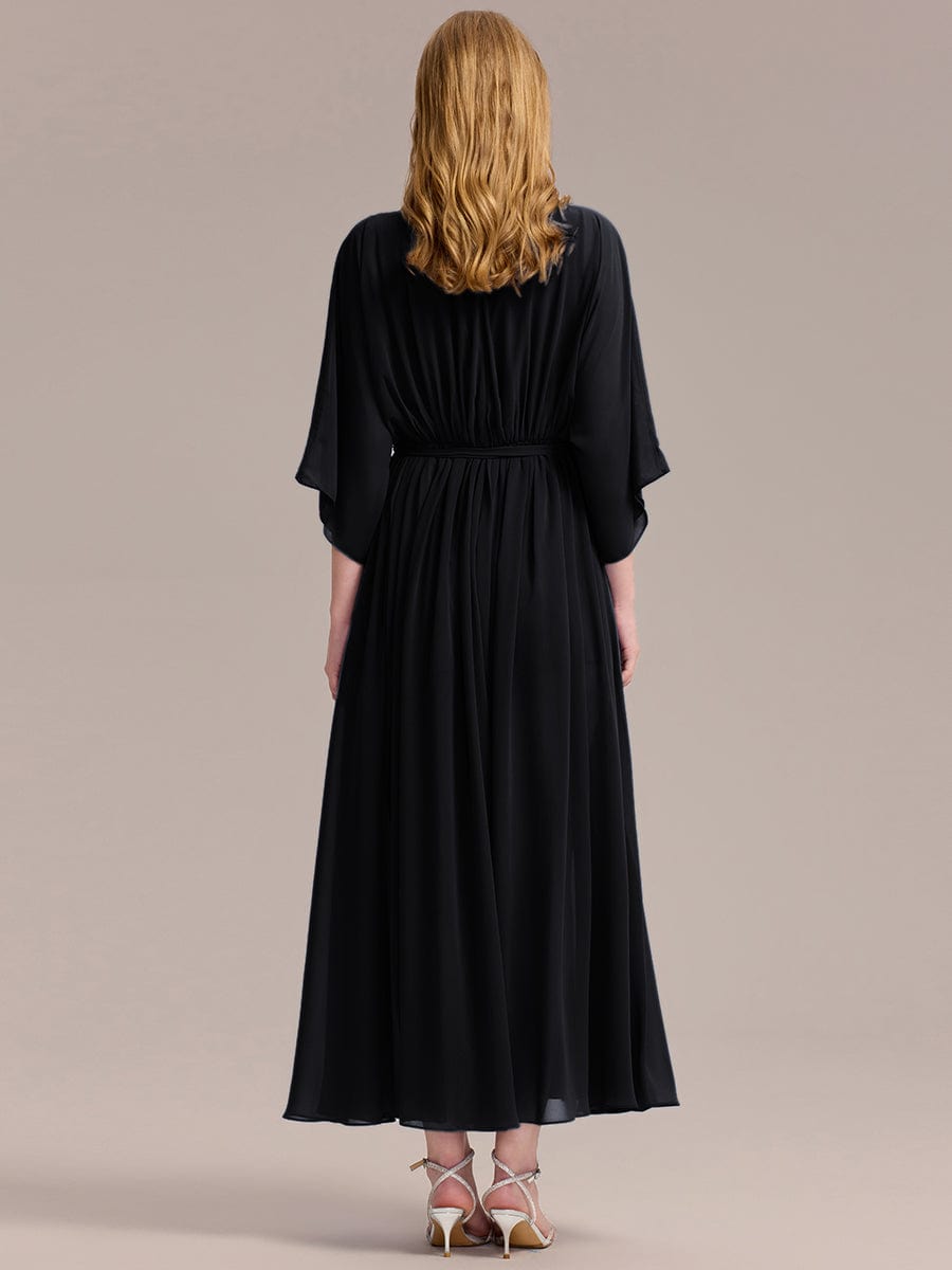 Robe d'invité de mariage trapèze en mousseline fluide à encolure ronde et longueur au genou #Couleur_Noir