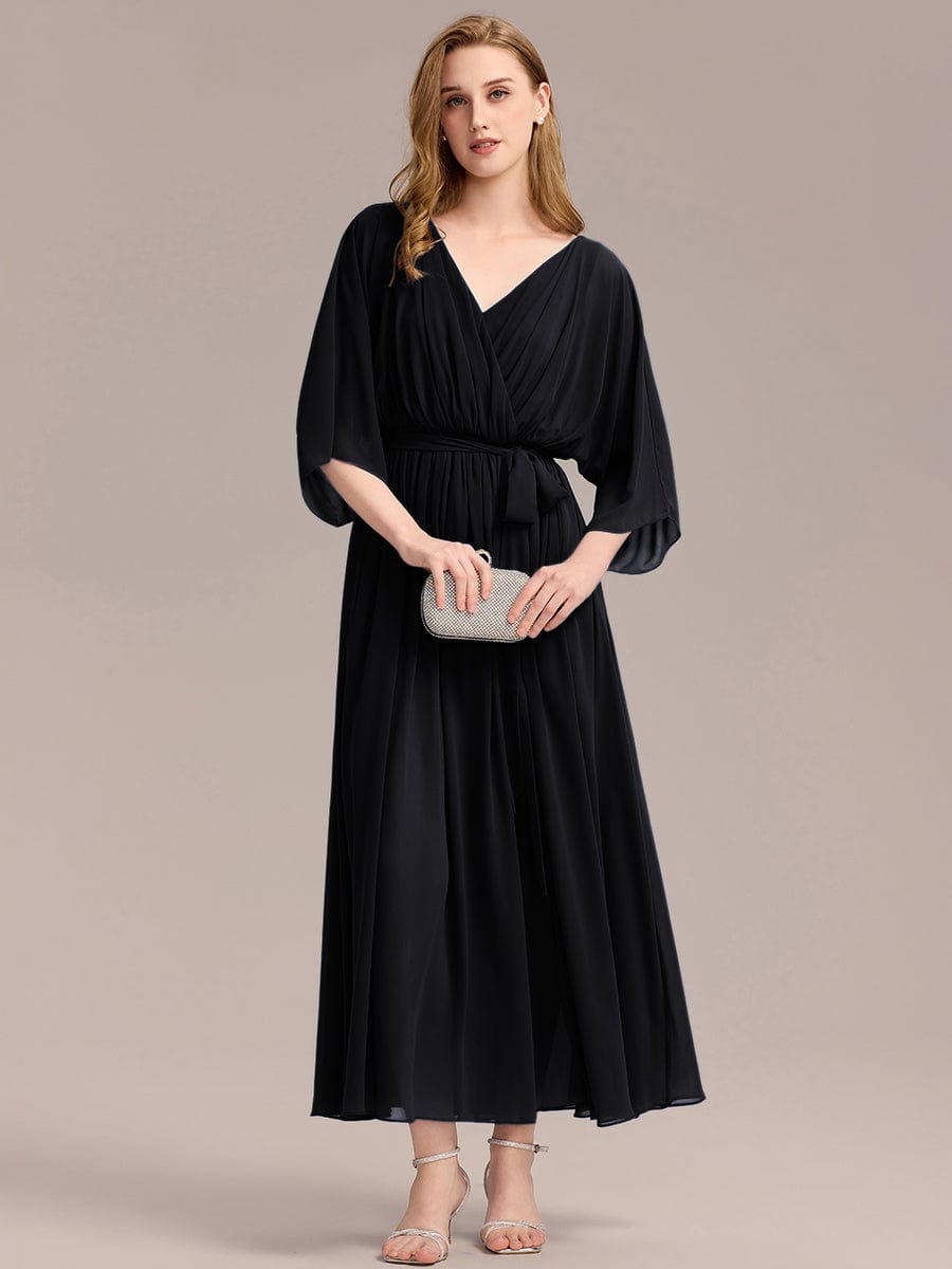 Robe d'invité de mariage trapèze en mousseline fluide à encolure ronde et longueur au genou #Couleur_Noir
