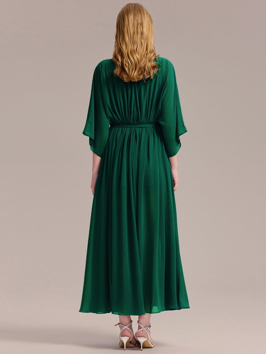 Robe d'invité de mariage trapèze en mousseline fluide à encolure ronde et longueur au genou #Couleur_Vert Fonce