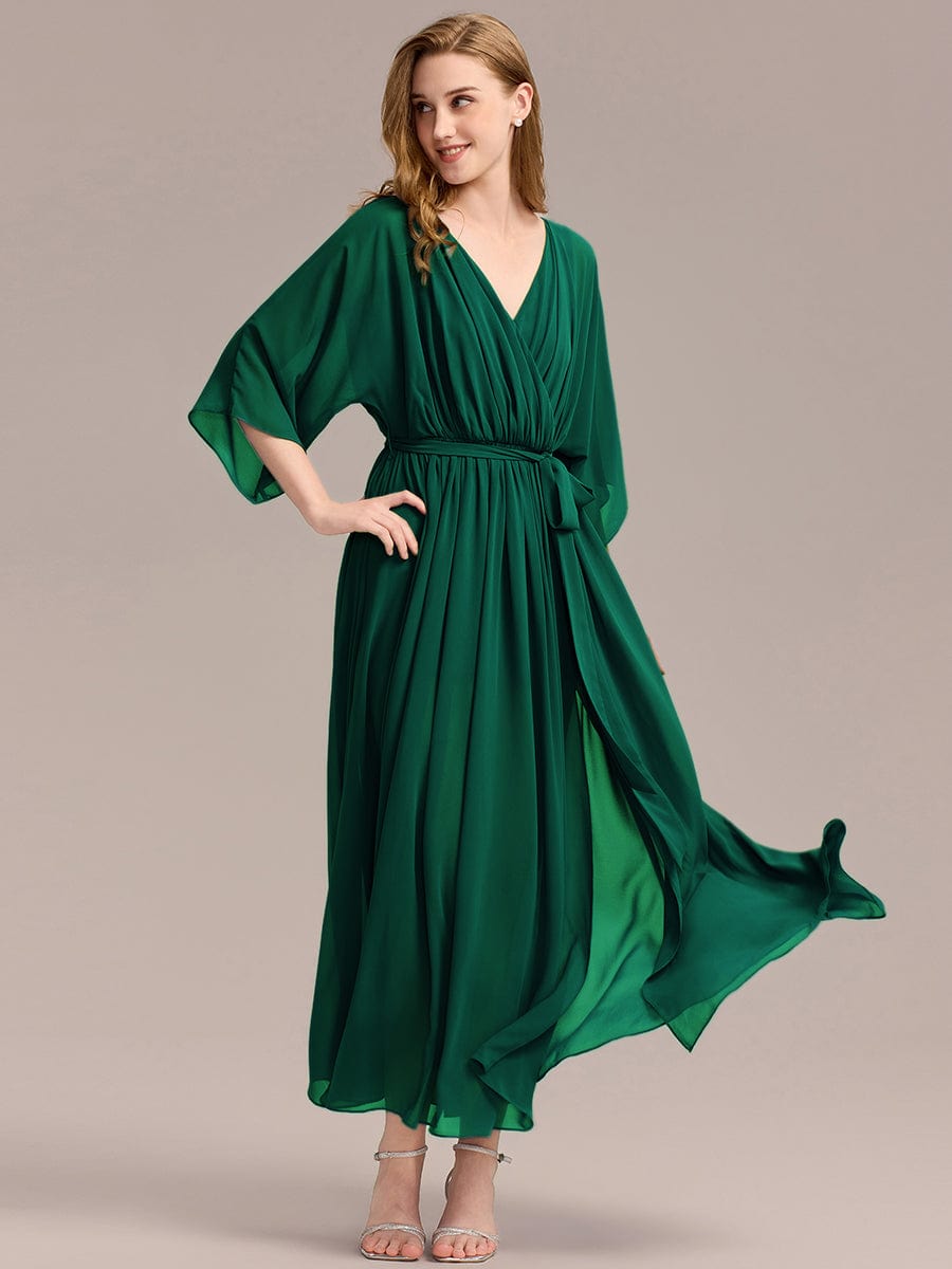 Robe d'invité de mariage trapèze en mousseline fluide à encolure ronde et longueur au genou #Couleur_Vert Fonce