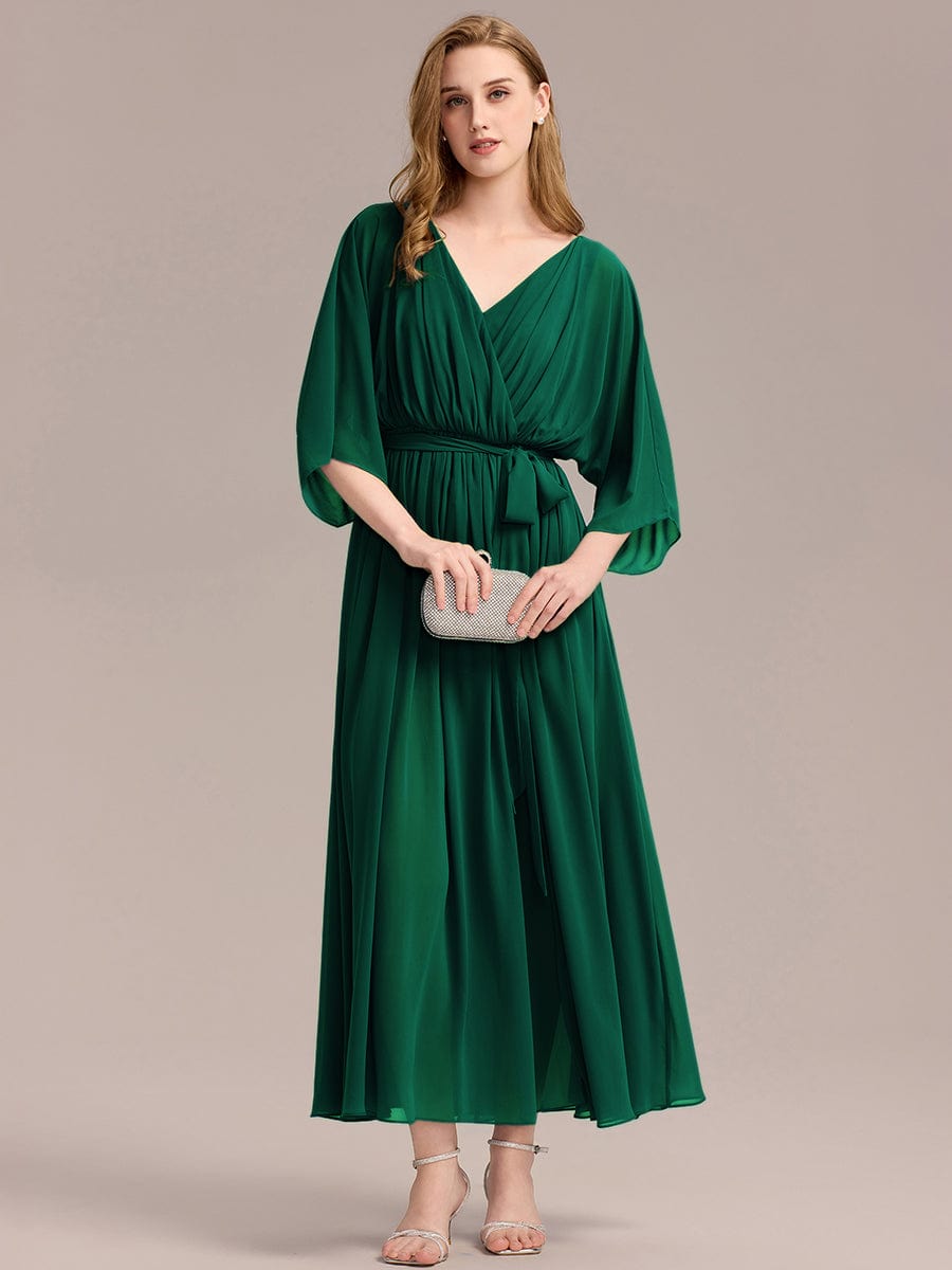 Robe d'invité de mariage trapèze en mousseline fluide à encolure ronde et longueur au genou #Couleur_Vert Fonce