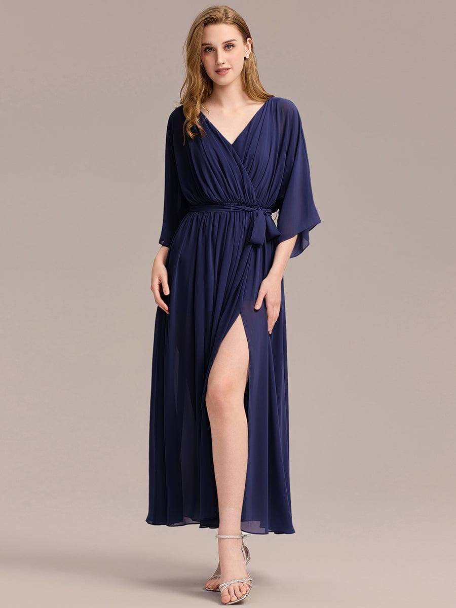 Robe d'invité de mariage trapèze en mousseline fluide à encolure ronde et longueur au genou #Couleur_Bleu Marine