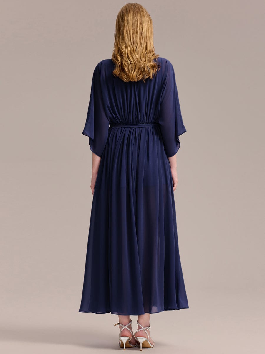 Robe d'invité de mariage trapèze en mousseline fluide à encolure ronde et longueur au genou #Couleur_Bleu Marine