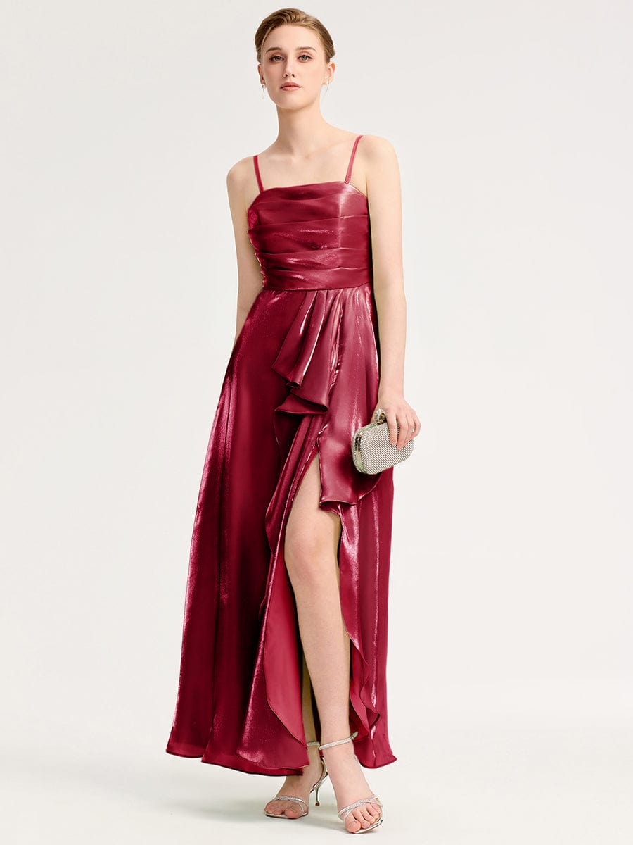 Robe d'invité de mariage trapèze en mousseline fluide à encolure ronde et longueur au genou #Couleur_Bordeaux