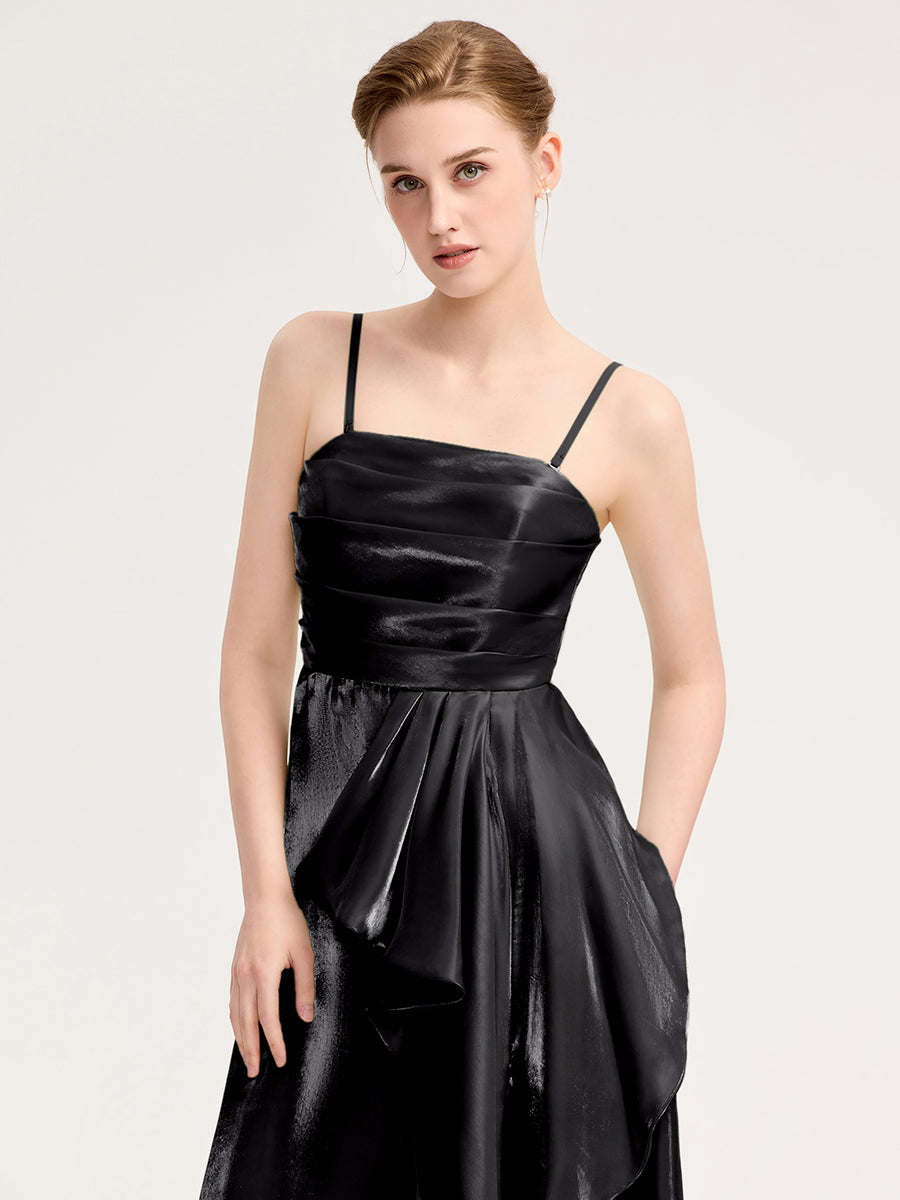 Robe d'invité de mariage trapèze en mousseline fluide à encolure ronde et longueur au genou #Couleur_Noir