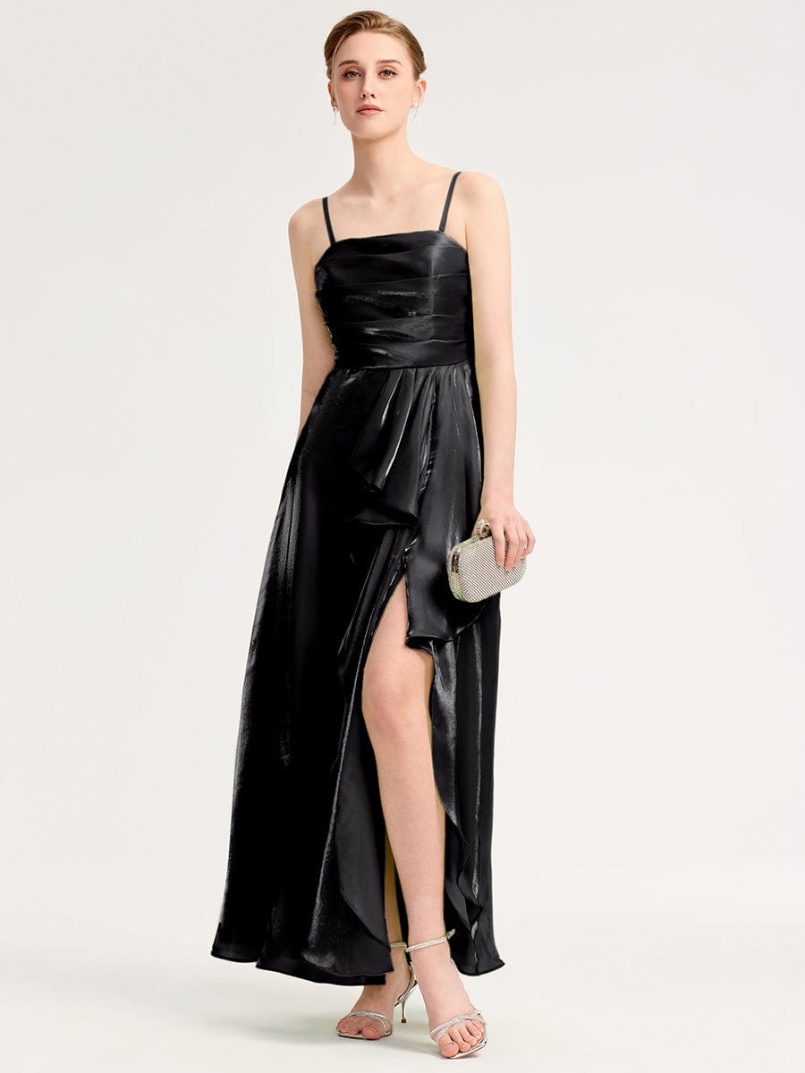 Robe d'invité de mariage trapèze en mousseline fluide à encolure ronde et longueur au genou #Couleur_Noir
