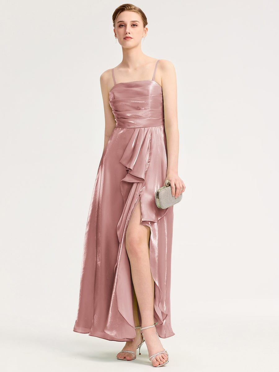 Robe d'invité de mariage trapèze en mousseline fluide à encolure ronde et longueur au genou #Couleur_Rose fumee