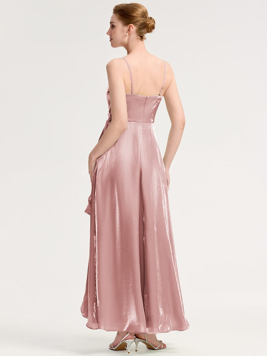 Robe d'invité de mariage trapèze en mousseline fluide à encolure ronde et longueur au genou #Couleur_Rose fumee