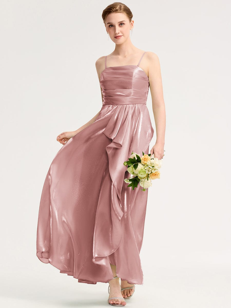 Robe d'invité de mariage trapèze en mousseline fluide à encolure ronde et longueur au genou #Couleur_Rose fumee