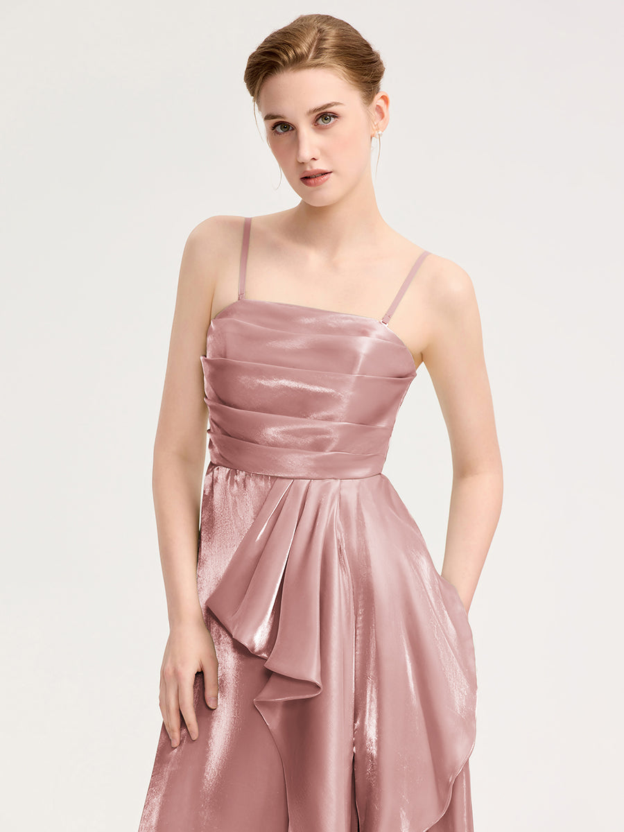 Robe d'invité de mariage trapèze en mousseline fluide à encolure ronde et longueur au genou #Couleur_Rose fumee