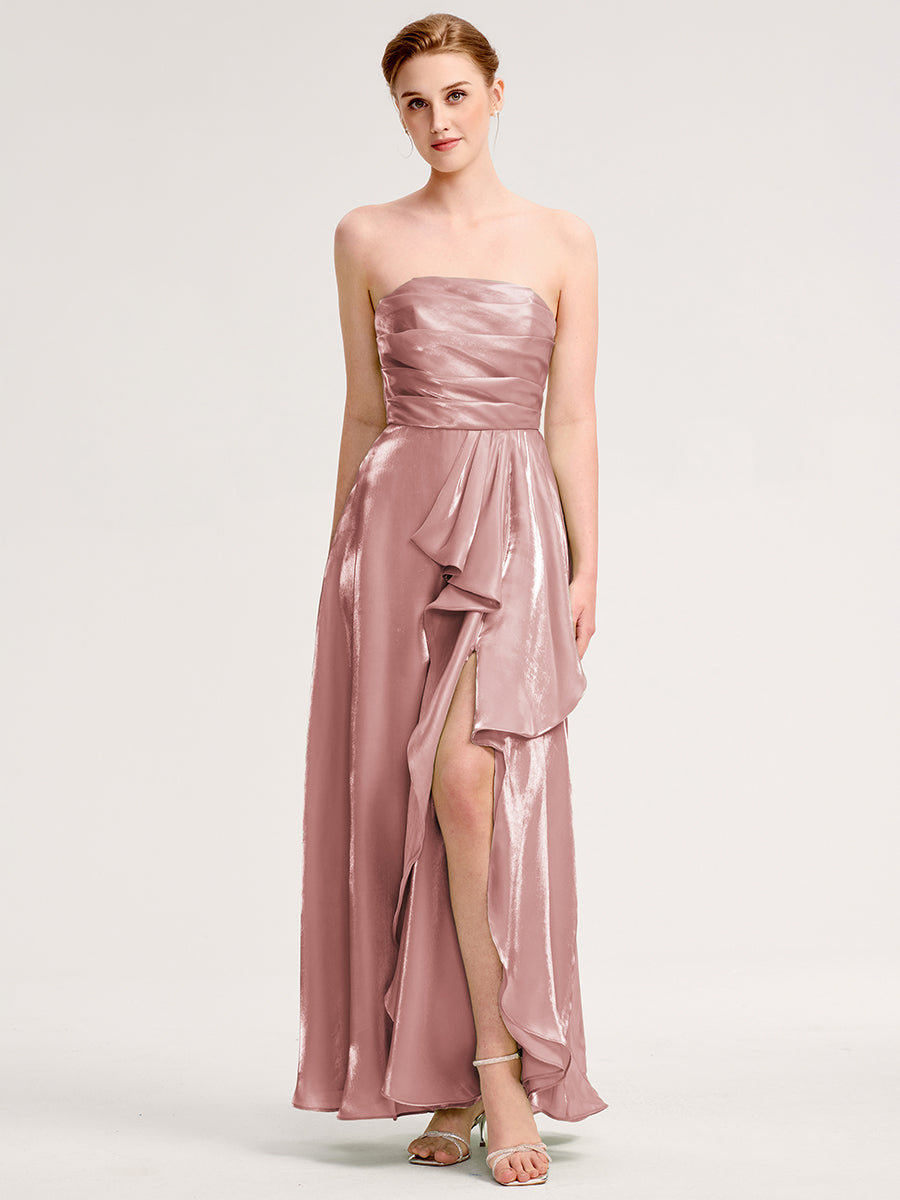 Robe d'invité de mariage trapèze en mousseline fluide à encolure ronde et longueur au genou #Couleur_Rose fumee