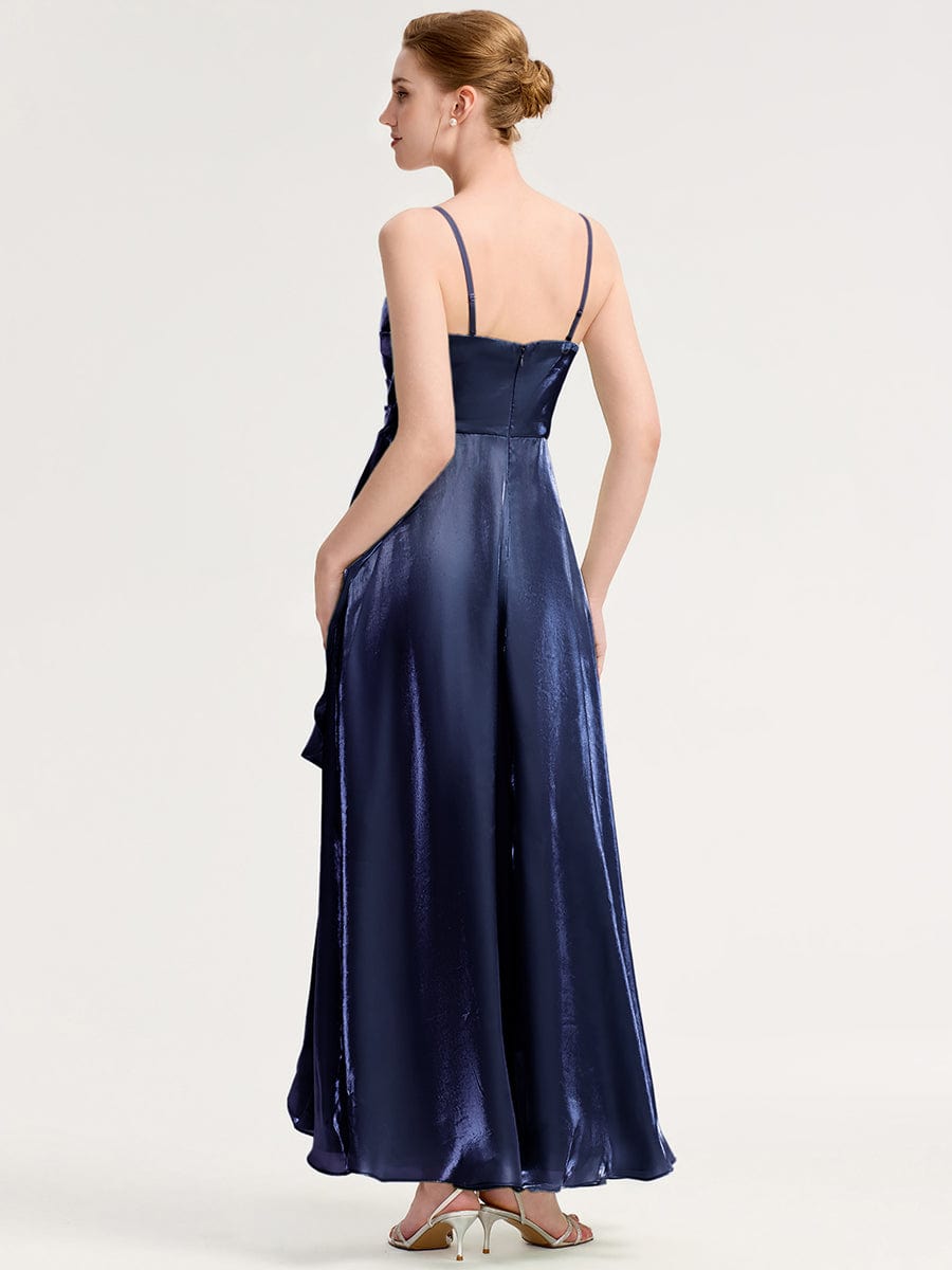 Robe d'invité de mariage trapèze en mousseline fluide à encolure ronde et longueur au genou #Couleur_Bleu Marine