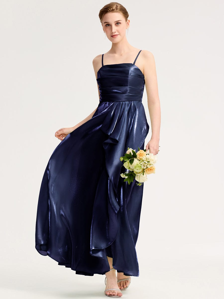 Robe d'invité de mariage trapèze en mousseline fluide à encolure ronde et longueur au genou #Couleur_Bleu Marine