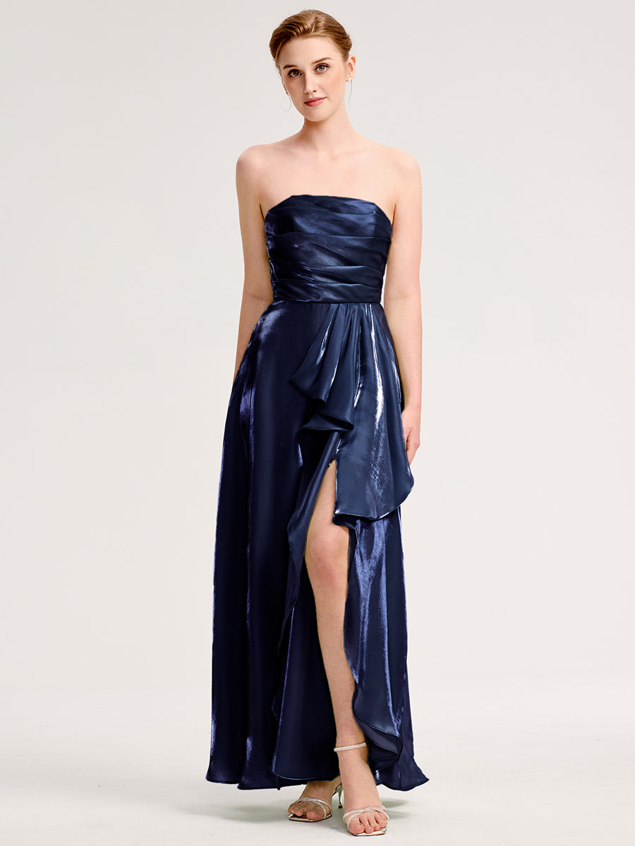 Robe d'invité de mariage trapèze en mousseline fluide à encolure ronde et longueur au genou #Couleur_Bleu Marine