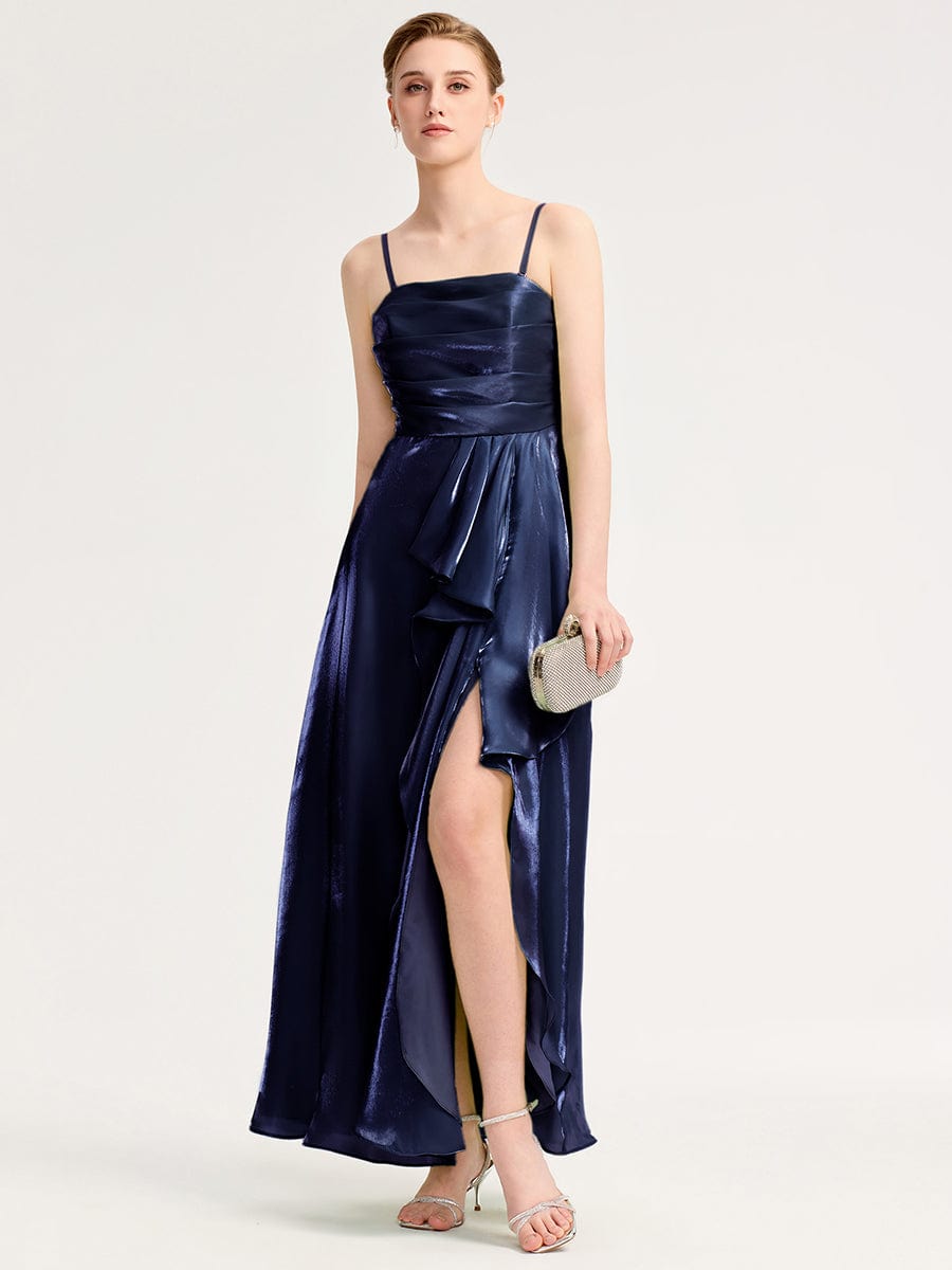 Robe d'invité de mariage trapèze en mousseline fluide à encolure ronde et longueur au genou #Couleur_Bleu Marine