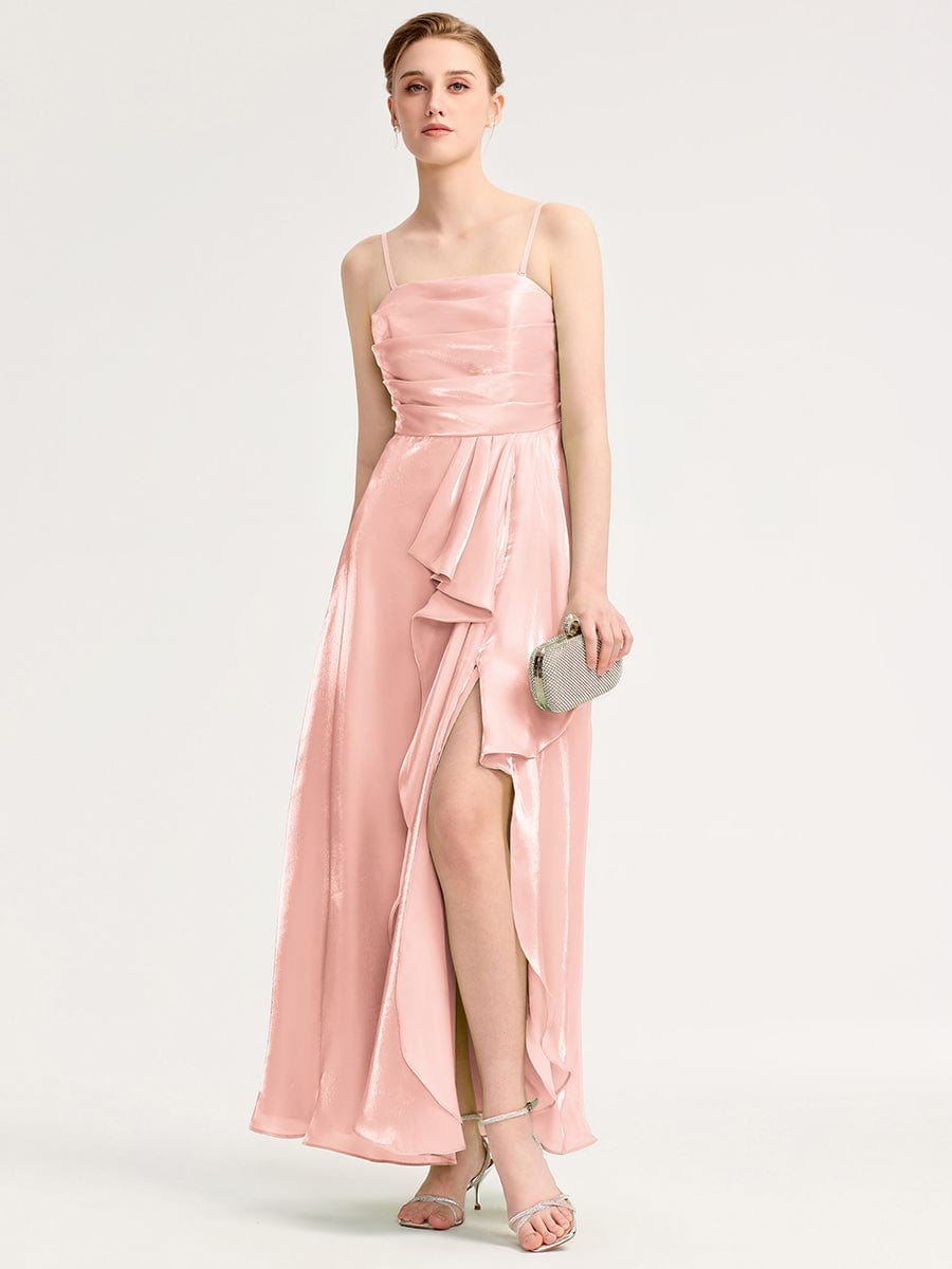Robe d'invité de mariage trapèze en mousseline fluide à encolure ronde et longueur au genou #Couleur_Rose