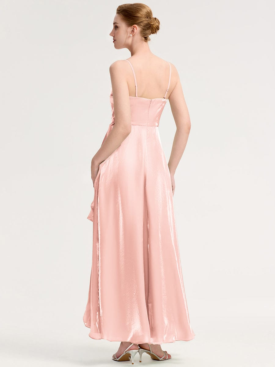 Robe d'invité de mariage trapèze en mousseline fluide à encolure ronde et longueur au genou #Couleur_Rose