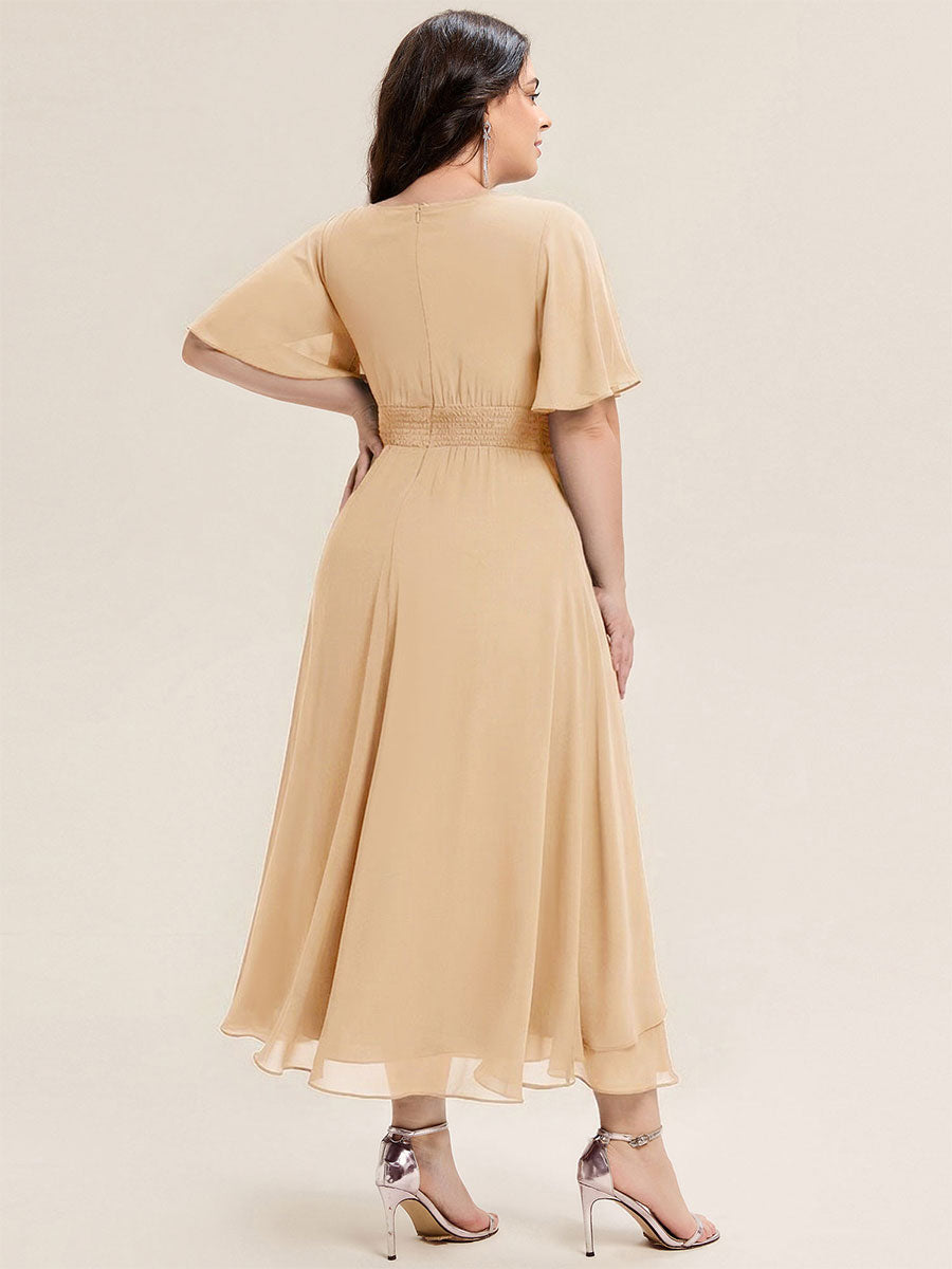 Robe de soirée mi-longue en mousseline de soie à manches courtes #Couleur_Champagner
