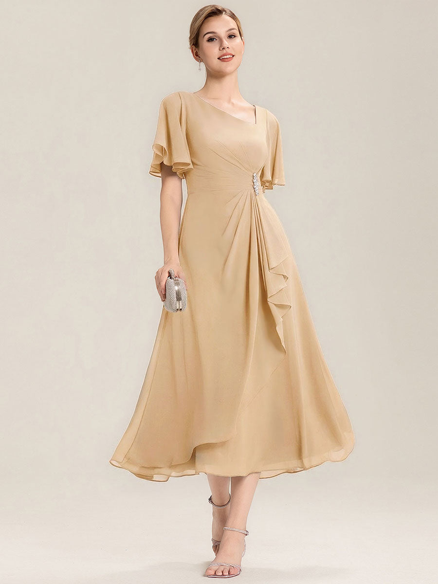 Robe de soirée mi-longue en mousseline de soie à manches courtes #Couleur_Champagner