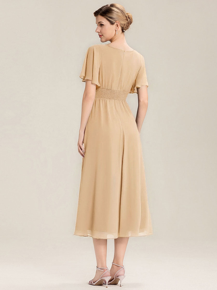 Robe de soirée mi-longue en mousseline de soie à manches courtes #Couleur_Champagner