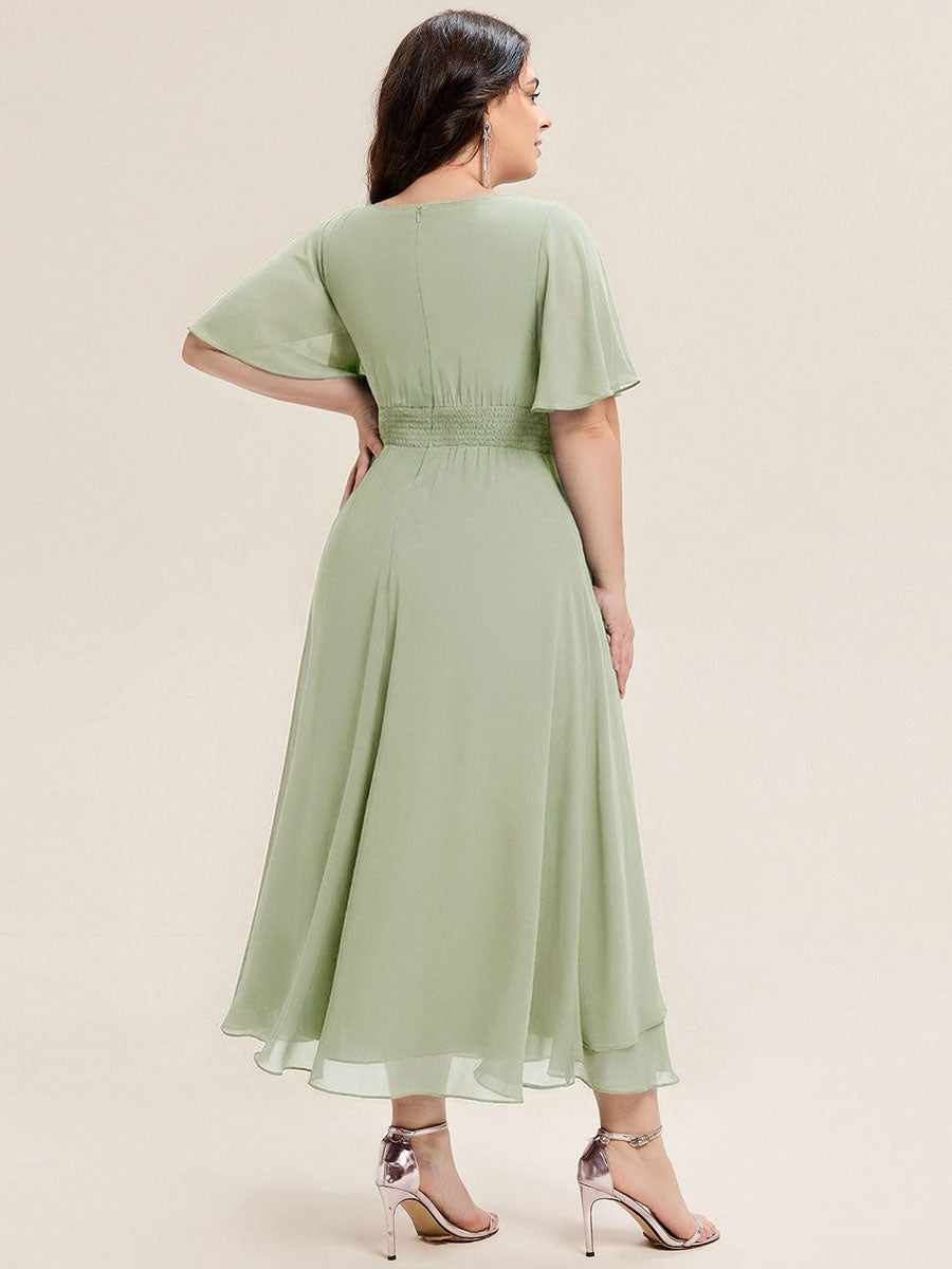 Robe de soirée mi-longue en mousseline de soie à manches courtes #Couleur_Menthe Verte