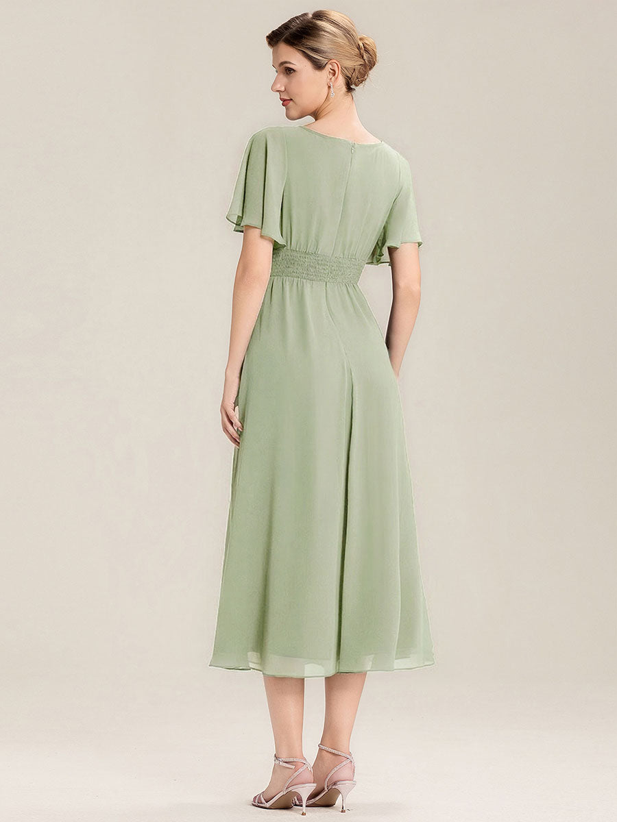 Robe de soirée mi-longue en mousseline de soie à manches courtes #Couleur_Menthe Verte
