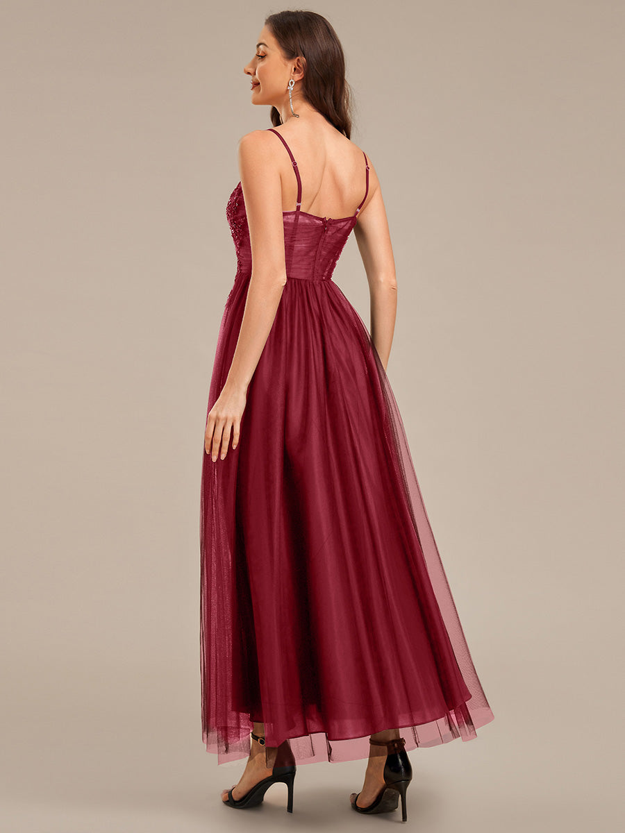 Robe de soirée sans manches en maille appliquée #Couleur_Bordeaux