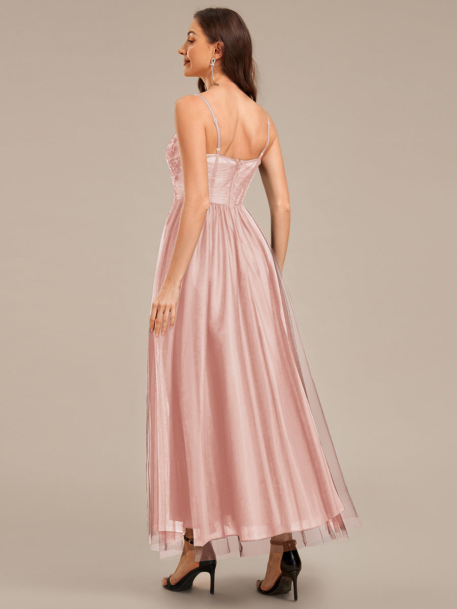 Robe de soirée sans manches en maille appliquée #Couleur_Rose