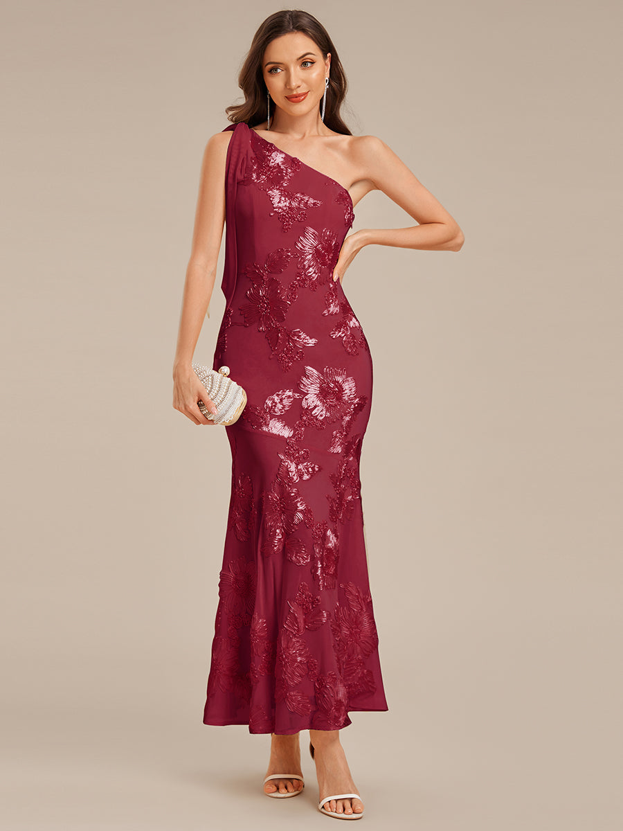 Robe d'invité de mariage trapèze en mousseline fluide à encolure ronde et longueur au genou #Couleur_Bordeaux