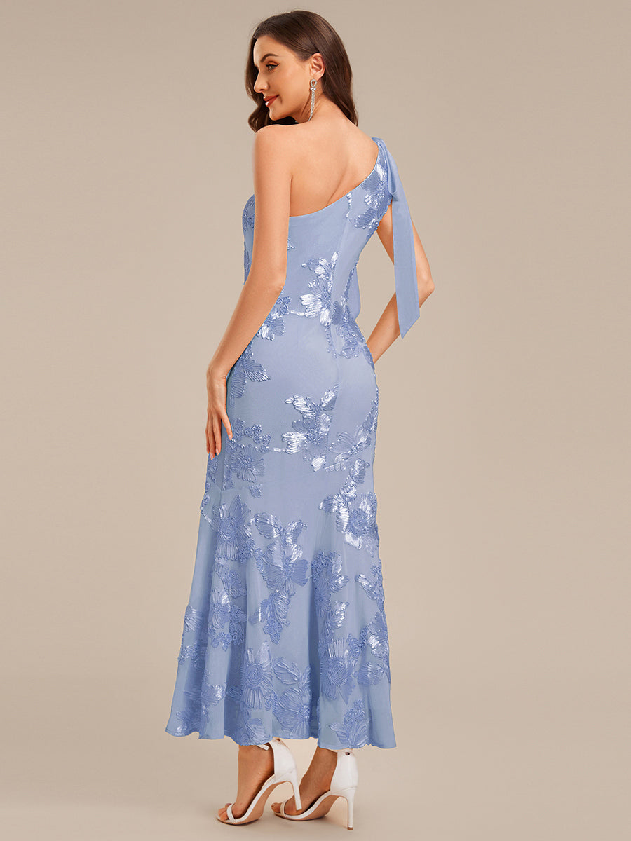 Robe d'invité de mariage trapèze en mousseline fluide à encolure ronde et longueur au genou #Couleur_Bleu Glace