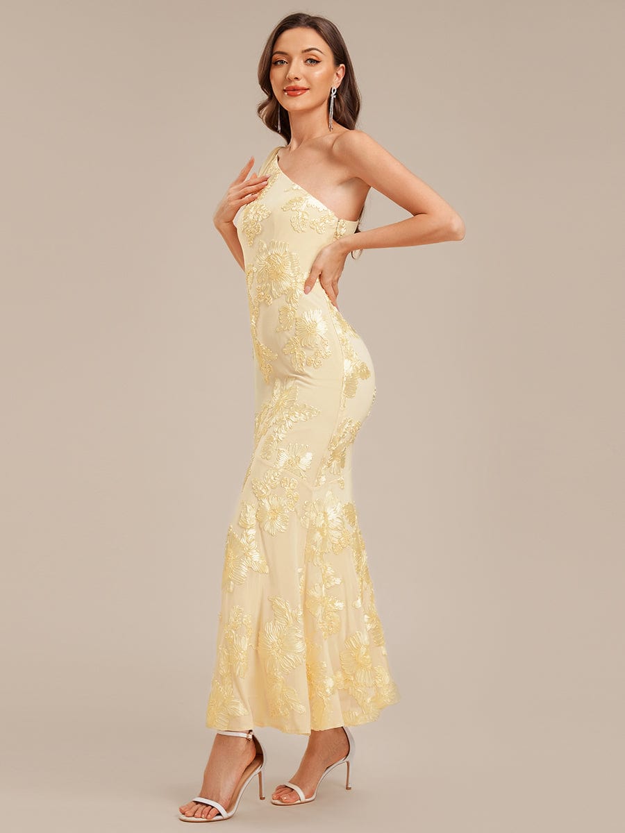 Robe d'invité de mariage trapèze en mousseline fluide à encolure ronde et longueur au genou #Couleur_Jaune