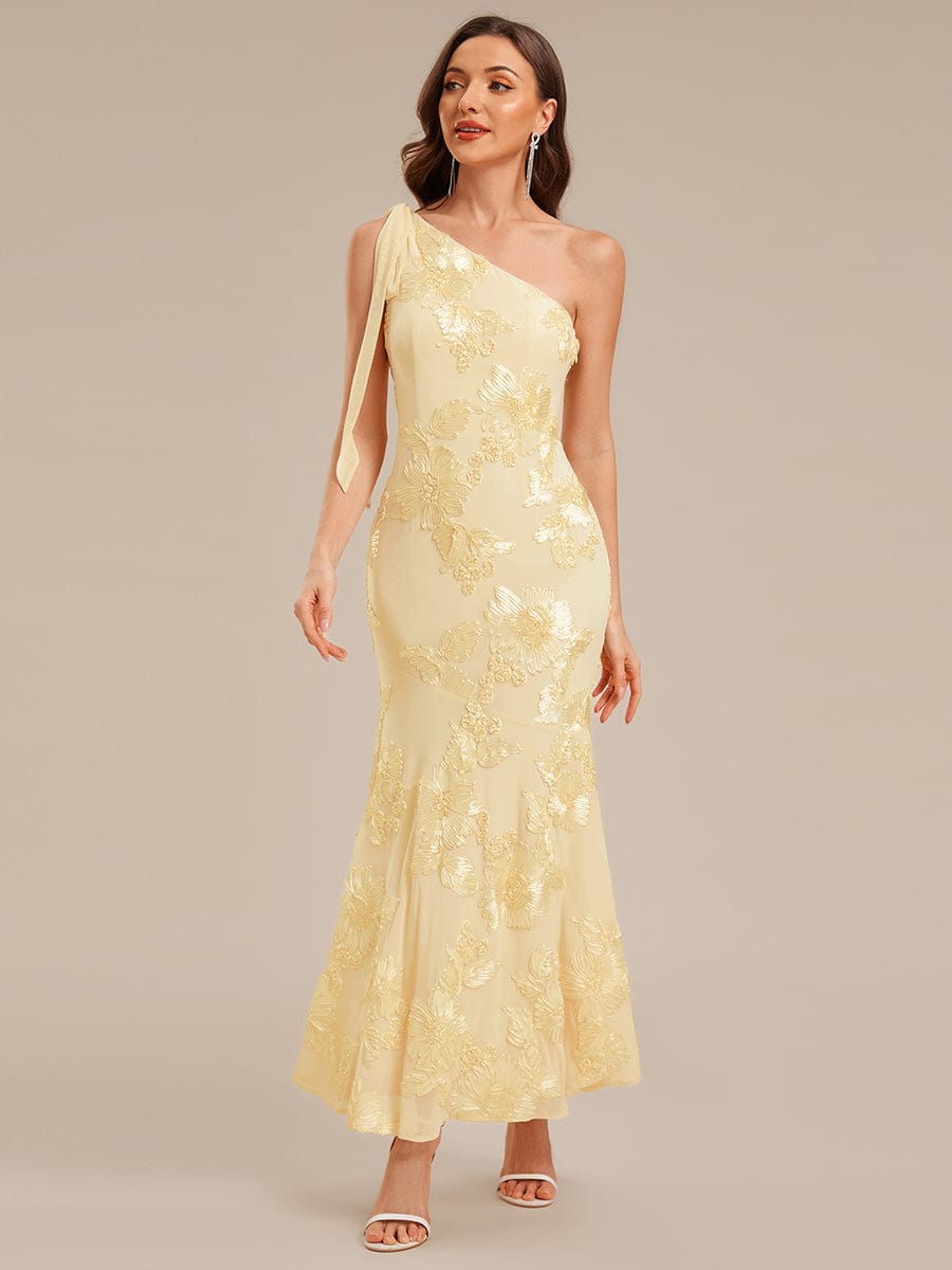 Robe d'invité de mariage trapèze en mousseline fluide à encolure ronde et longueur au genou #Couleur_Jaune