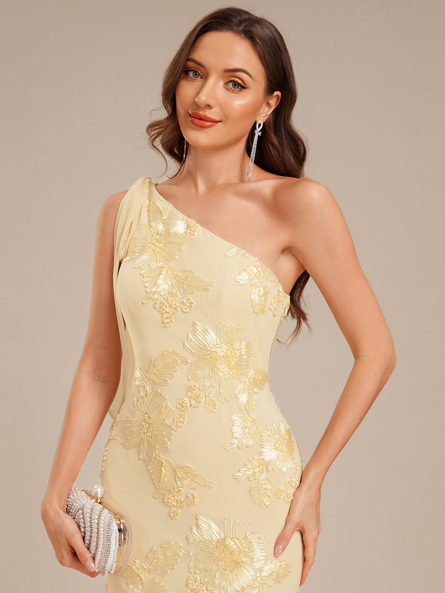 Robe d'invité de mariage trapèze en mousseline fluide à encolure ronde et longueur au genou #Couleur_Jaune