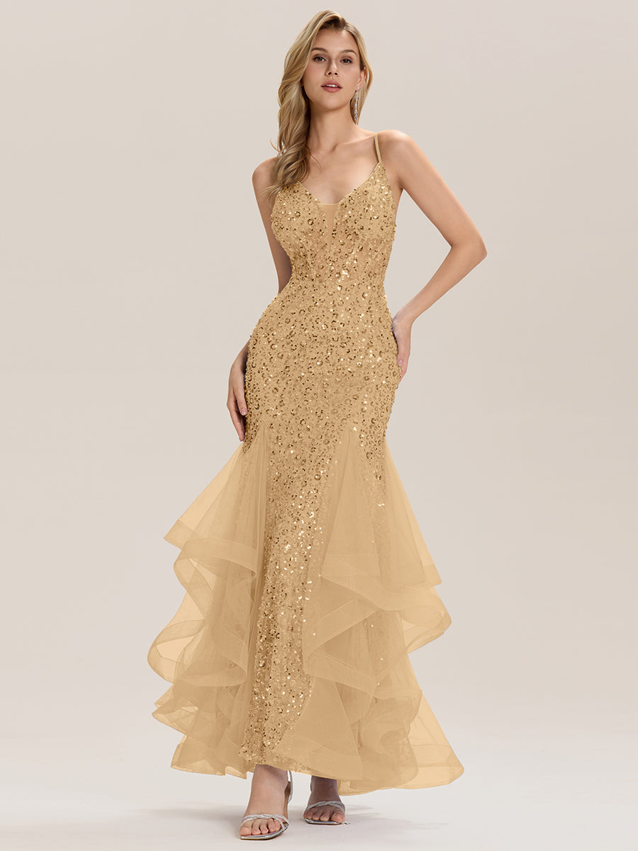 Robe de soirée sirène à paillettes sans manches #Couleur_Or