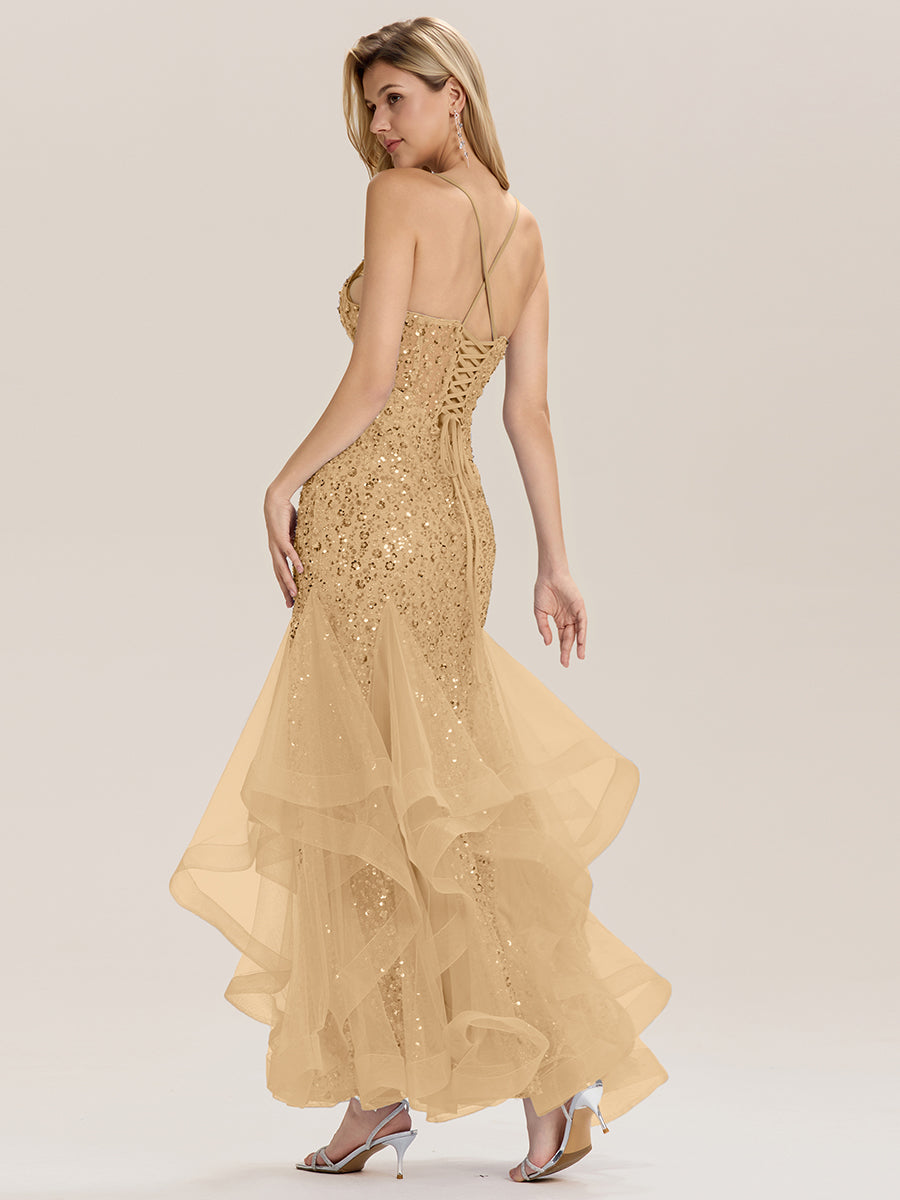 Robe de soirée sirène à paillettes sans manches #Couleur_Or