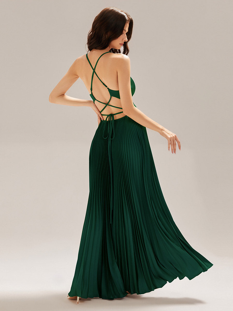 Robe longue sans manches décolletée en V plis soleil #Couleur_Vert Fonce