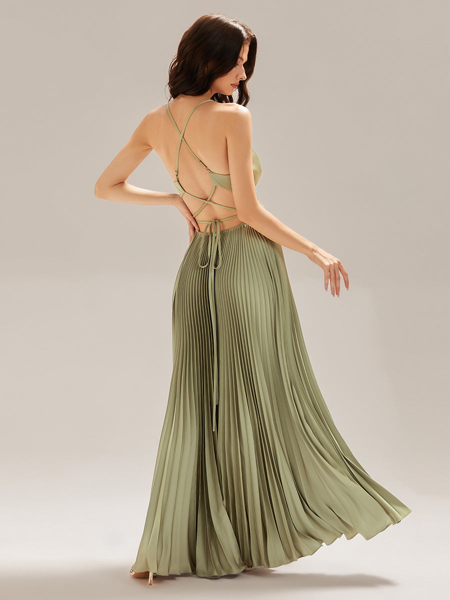 Robe longue sans manches décolletée en V plis soleil #Couleur_Vert sauge