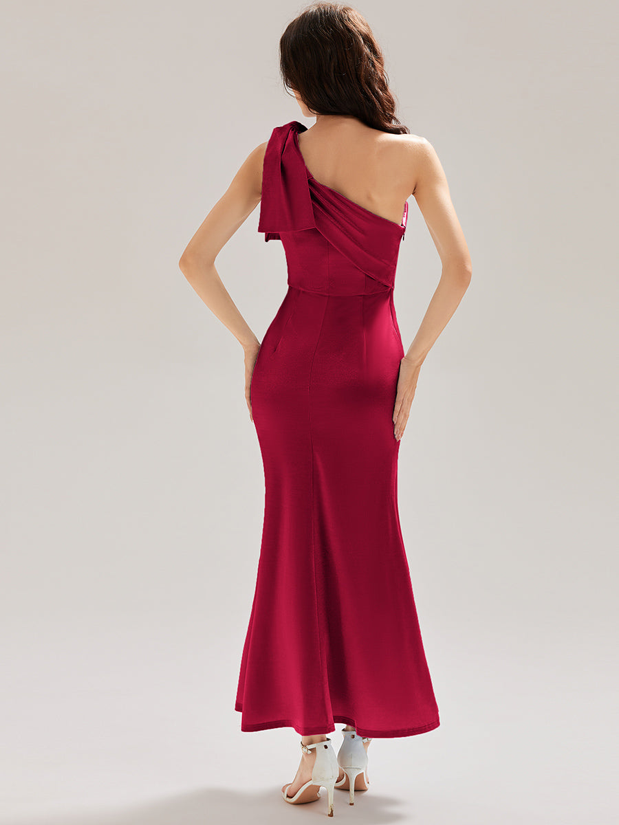 Robe midi sirène asymétrique sans bretelles avec nœud #Couleur_Bordeaux