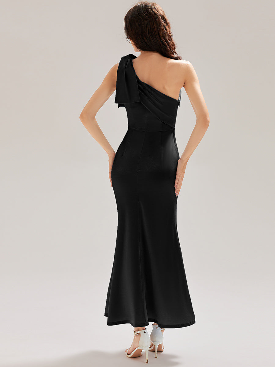 Robe midi sirène asymétrique sans bretelles avec nœud #Couleur_Noir