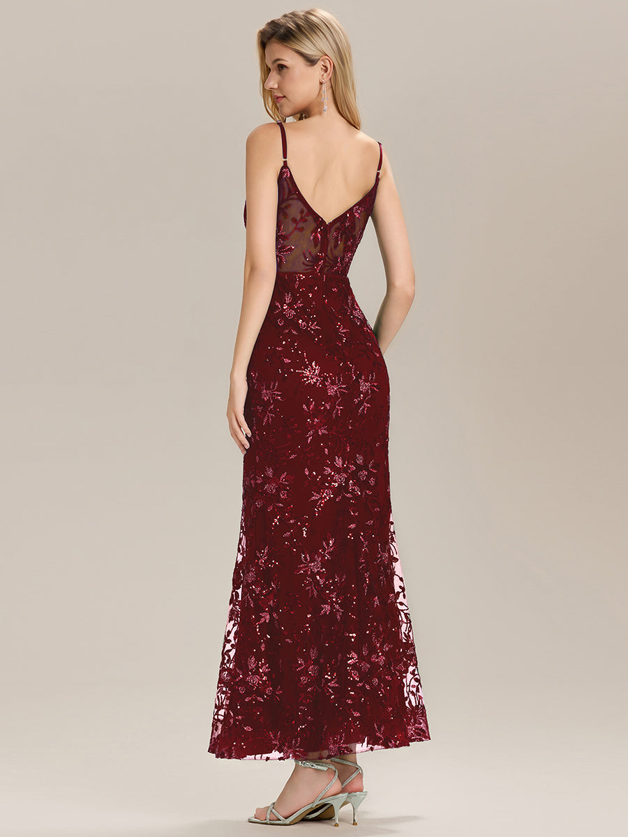 Robe de soirée sans manches en sequins longueur sol #Couleur_Bordeaux