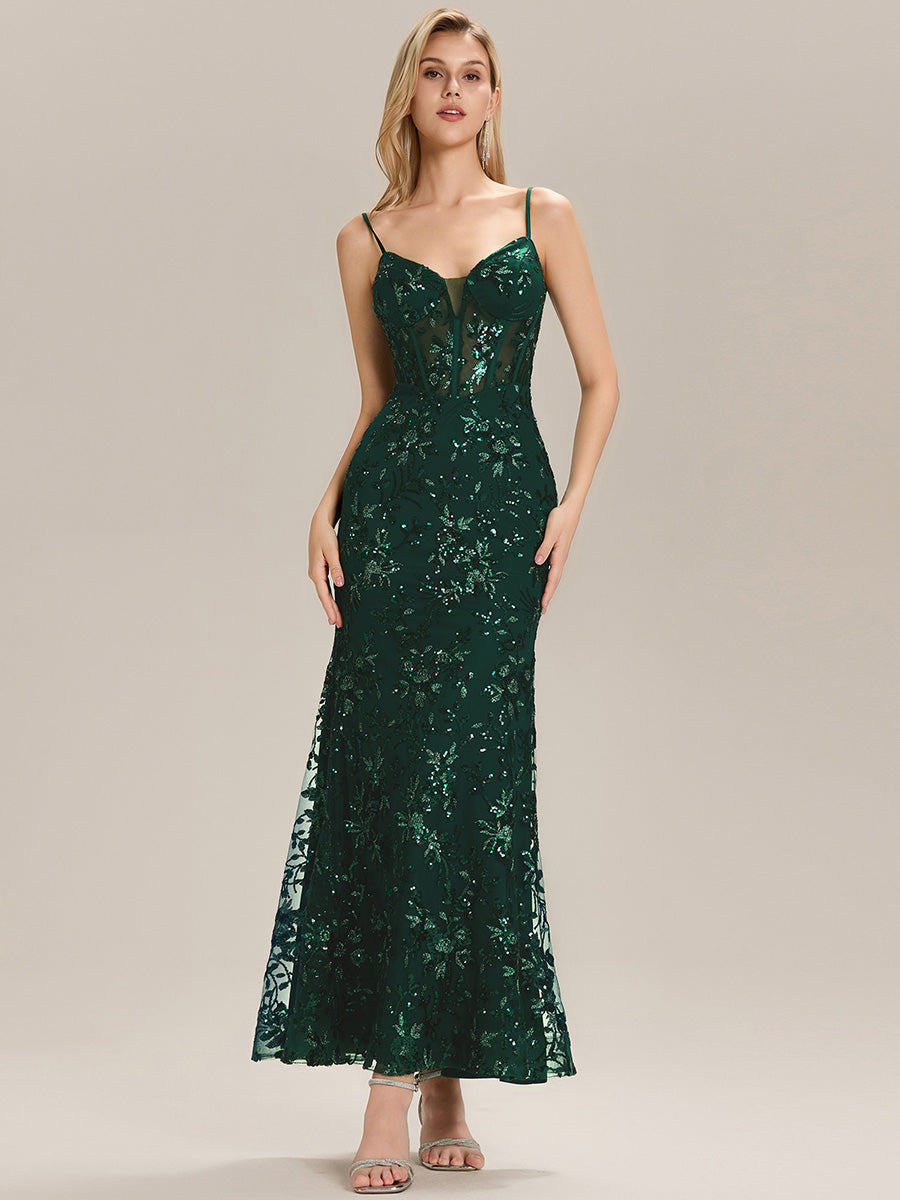 Robe de soirée sans manches en sequins longueur sol #Couleur_Vert Fonce