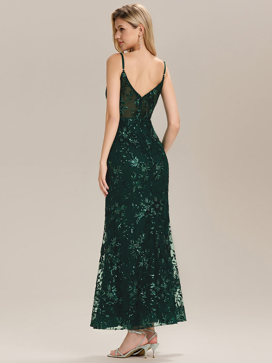 Robe de soirée sans manches en sequins longueur sol #Couleur_Vert Fonce