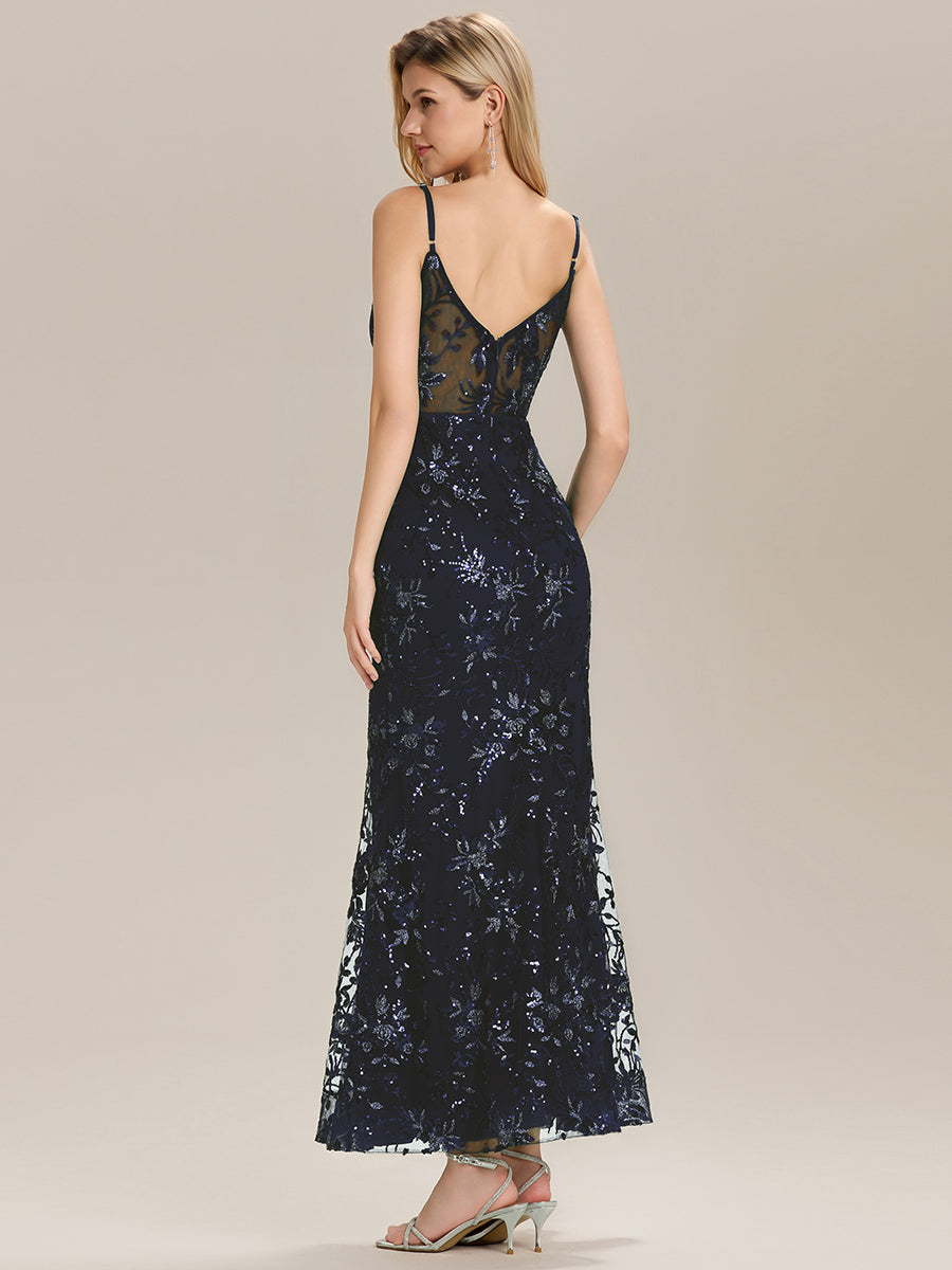 Robe de soirée sans manches en sequins longueur sol #Couleur_Bleu Marine