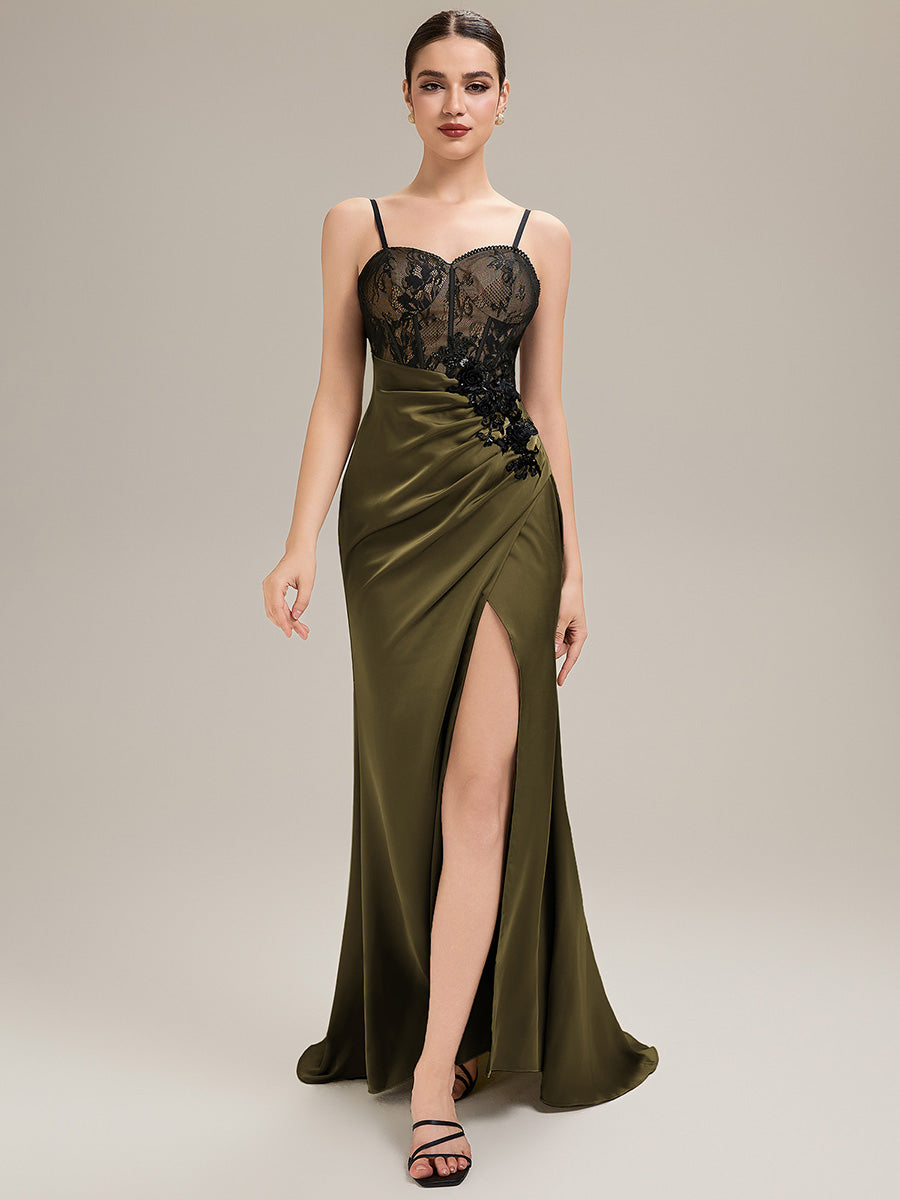 Robe de soirée chic sans bretelles sans manches en forme de sirène longueur sol avec dentelle à frange et détail corset #Couleur_Vert Olive