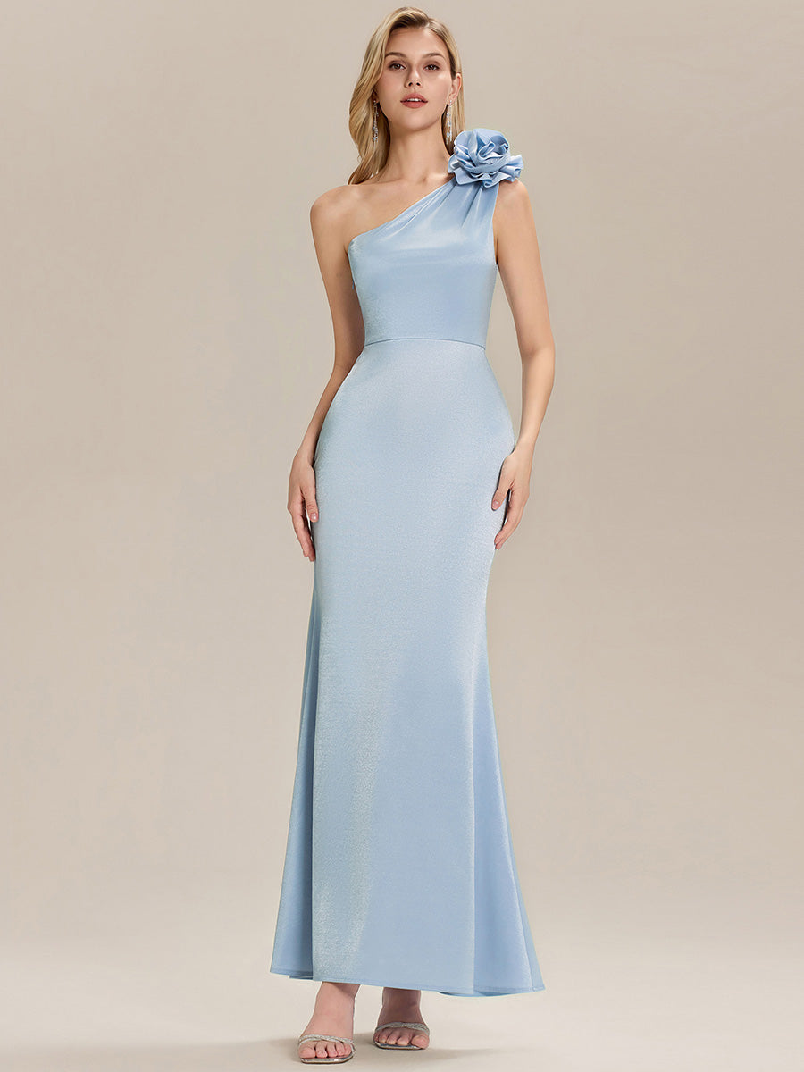 Robe de soirée chic à fleurs une épaule sans manches #Couleur_Bleu Clair