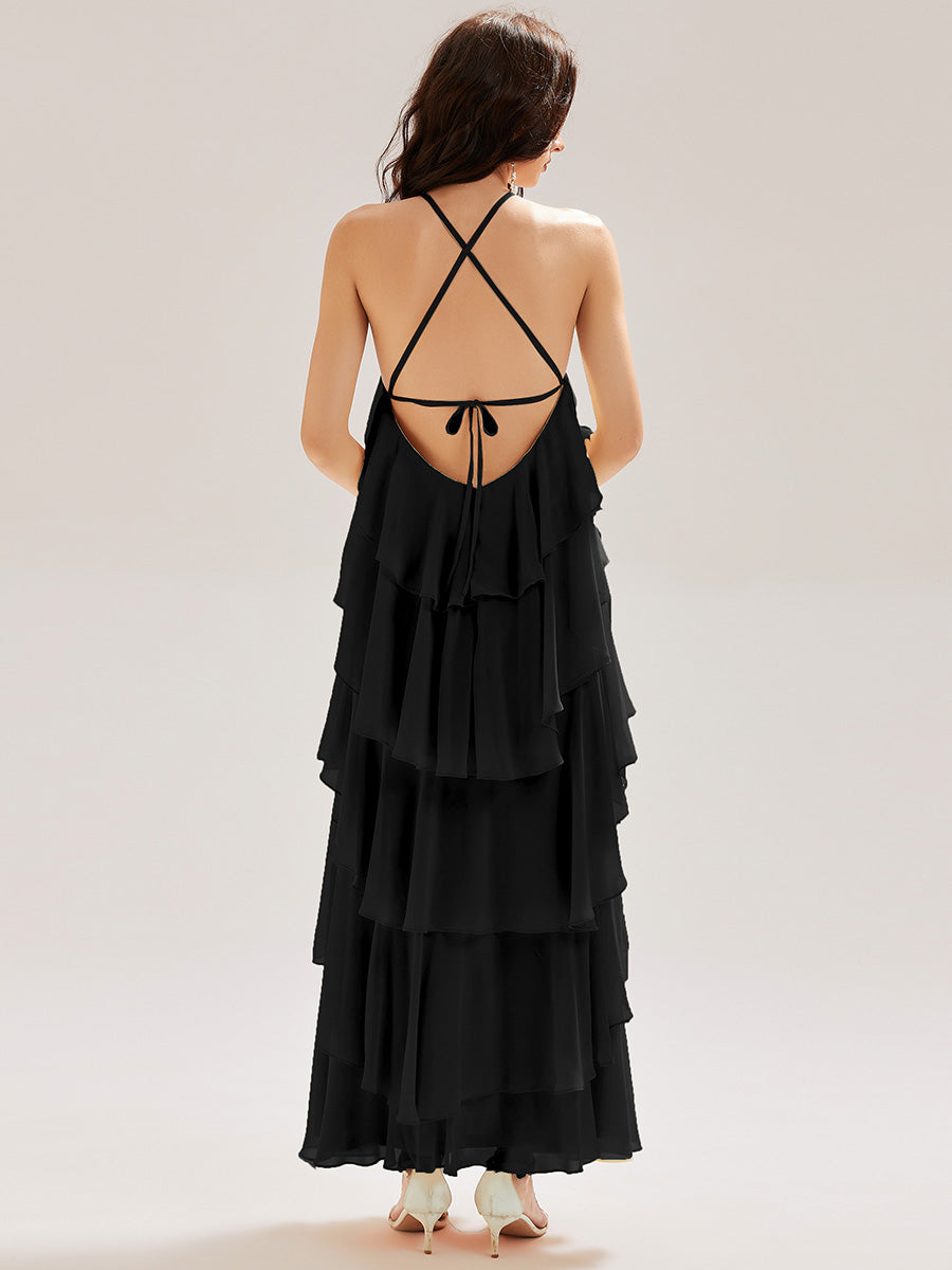Robe de soirée longue dos nu sans manches à volants #Couleur_Noir