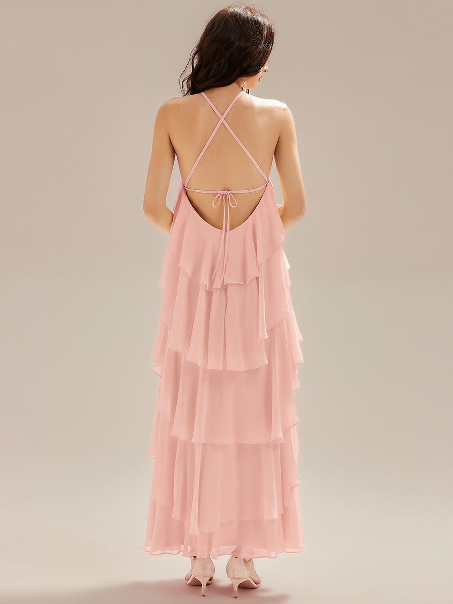 Robe de soirée longue dos nu sans manches à volants #Couleur_Rose