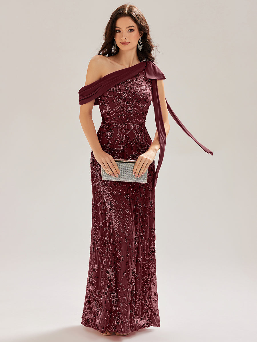 Robe chic sans manches à une épaule avec nœud #Couleur_Bordeaux