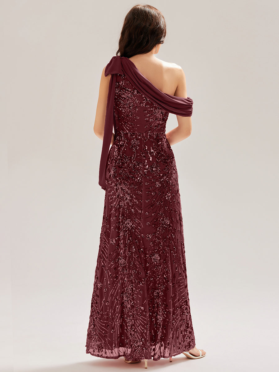 Robe chic sans manches à une épaule avec nœud #Couleur_Bordeaux